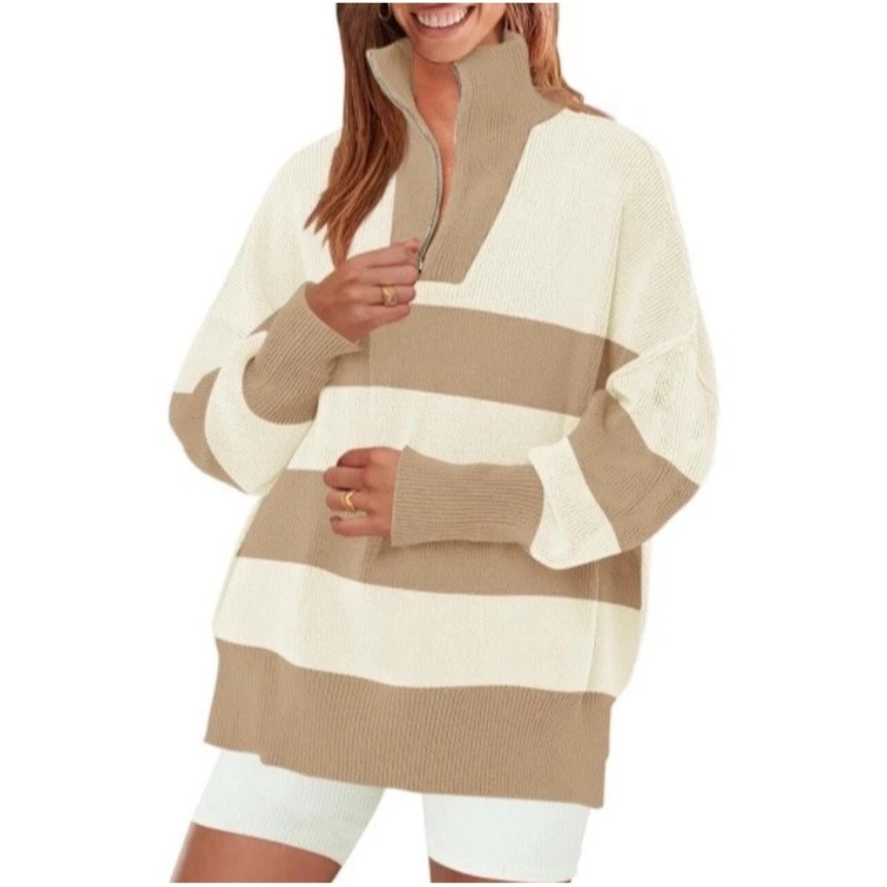 NWT Mock Neck L Striped Sweater 1/2 Zip Closure Ribbed Knit Oversized Cream Tan.